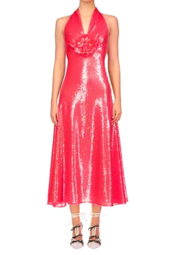 Pink Sequin Halter Bias Dress With Flower Detail