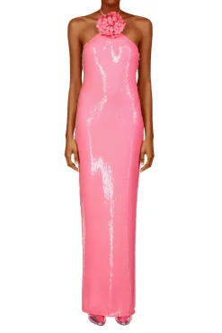 Pink Sequin Halter Gown With Flower Detail