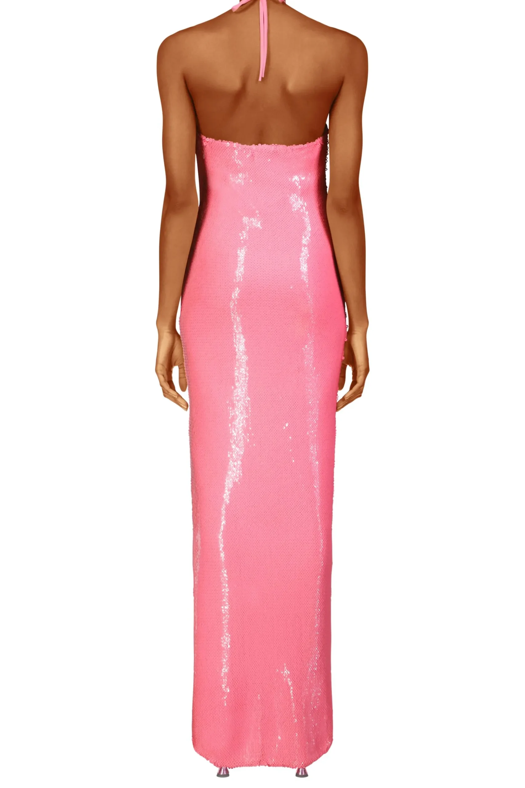 Pink Sequin Halter Gown With Flower Detail
