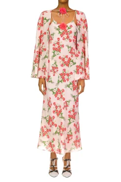Pink Tulip Bouquet Printed Silk Capelet With Silk Flower Detail