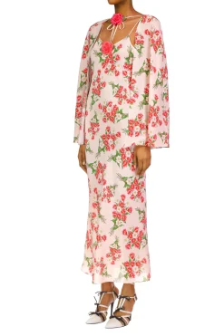 Pink Tulip Bouquet Printed Silk Capelet With Silk Flower Detail