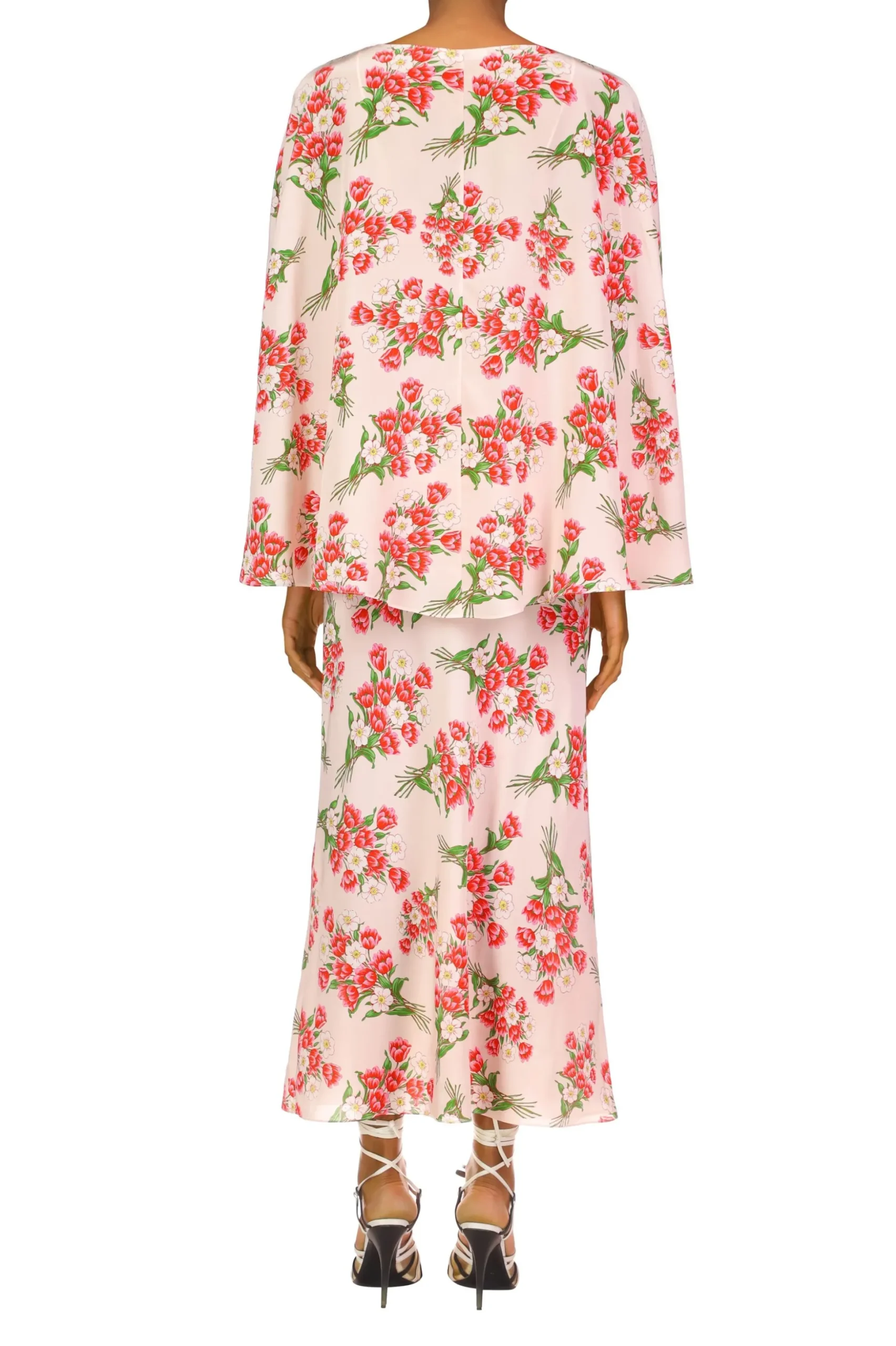 Pink Tulip Bouquet Printed Silk Capelet With Silk Flower Detail