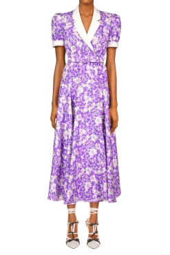 Purple Iris Printed Silk Twill Collared Dress With Belt Detail