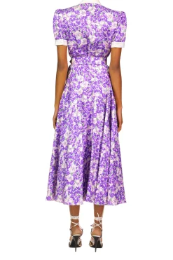Purple Iris Printed Silk Twill Collared Dress With Belt Detail