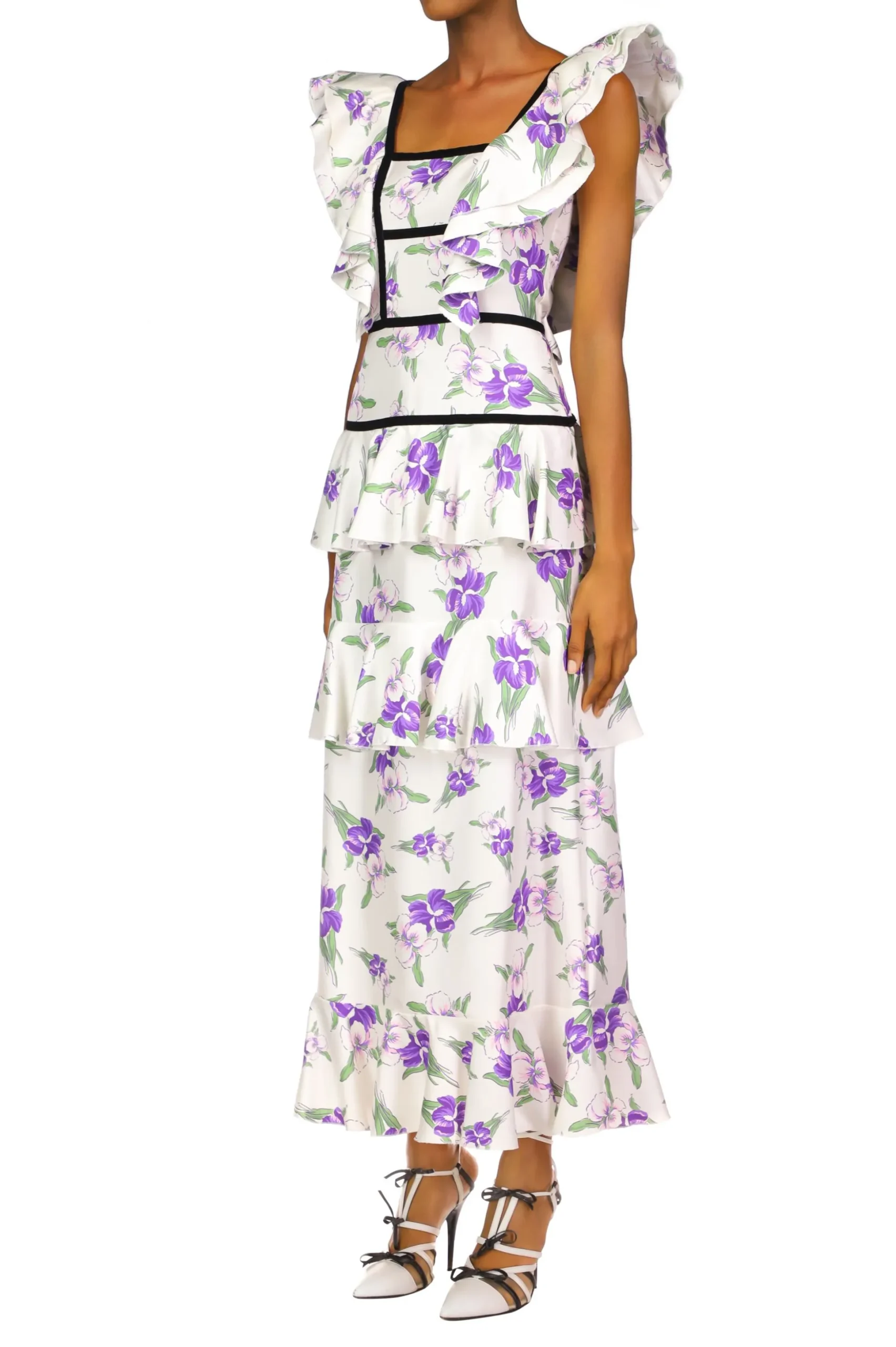 Purple Iris Printed Silk Twill Dress With Velvet Ribbon Detail