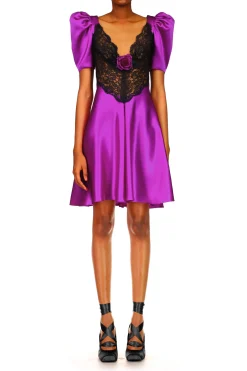Purple Silk Short Sleeve Mini Dress With Lace Detail