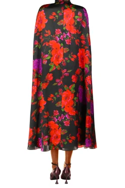Red And Purple Floral Silk Satin Cape Dress