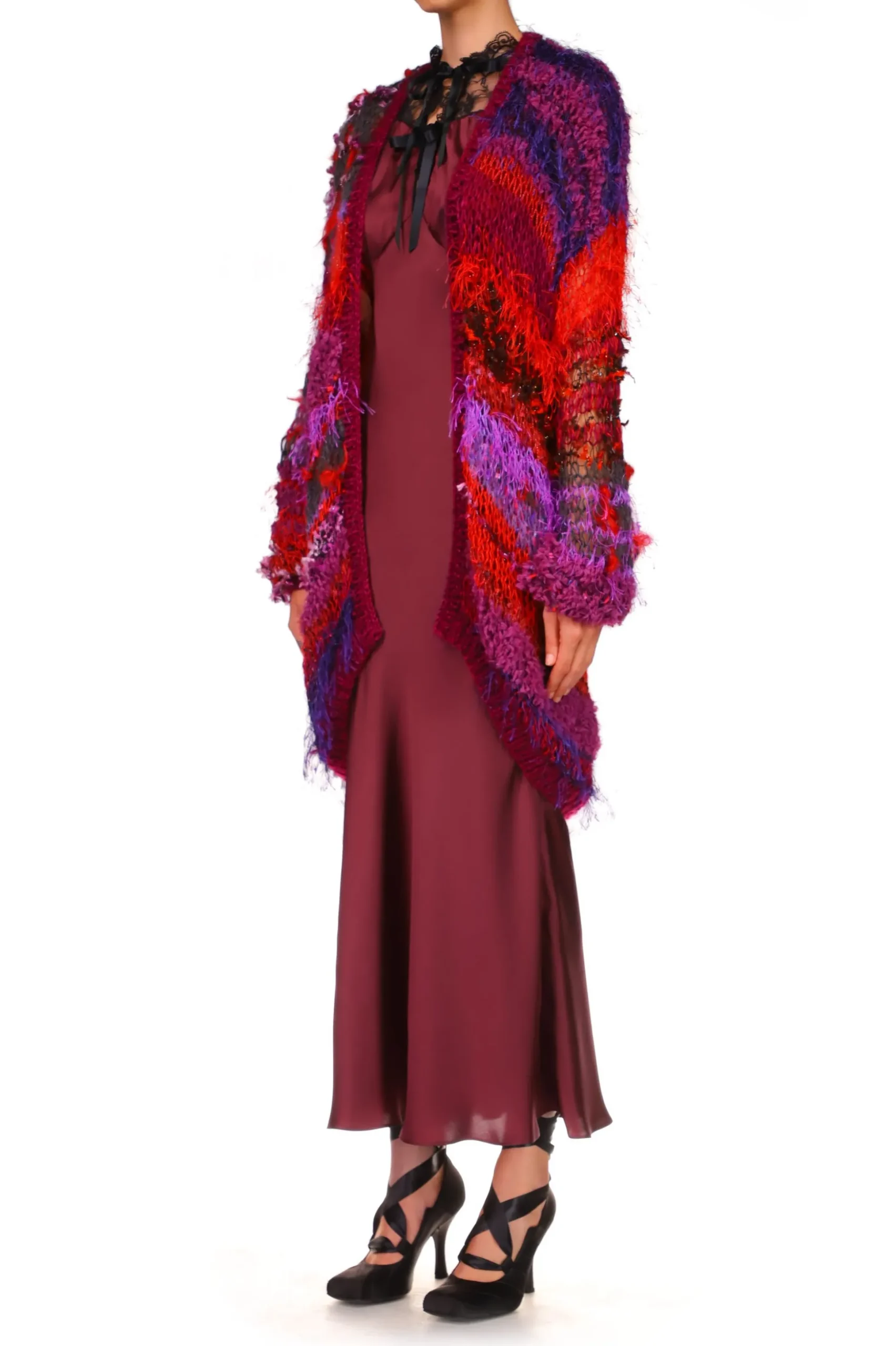 Red And Purple Oversized Loose Hand Knit Cardigan