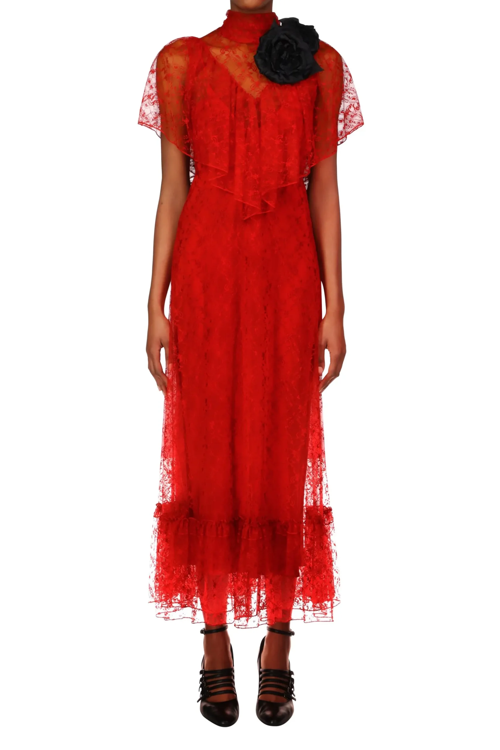 Red Floral Lace Dress With Flower Corsage