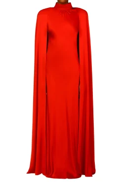 Red Silk Satin Cape Gown With Flower Pin