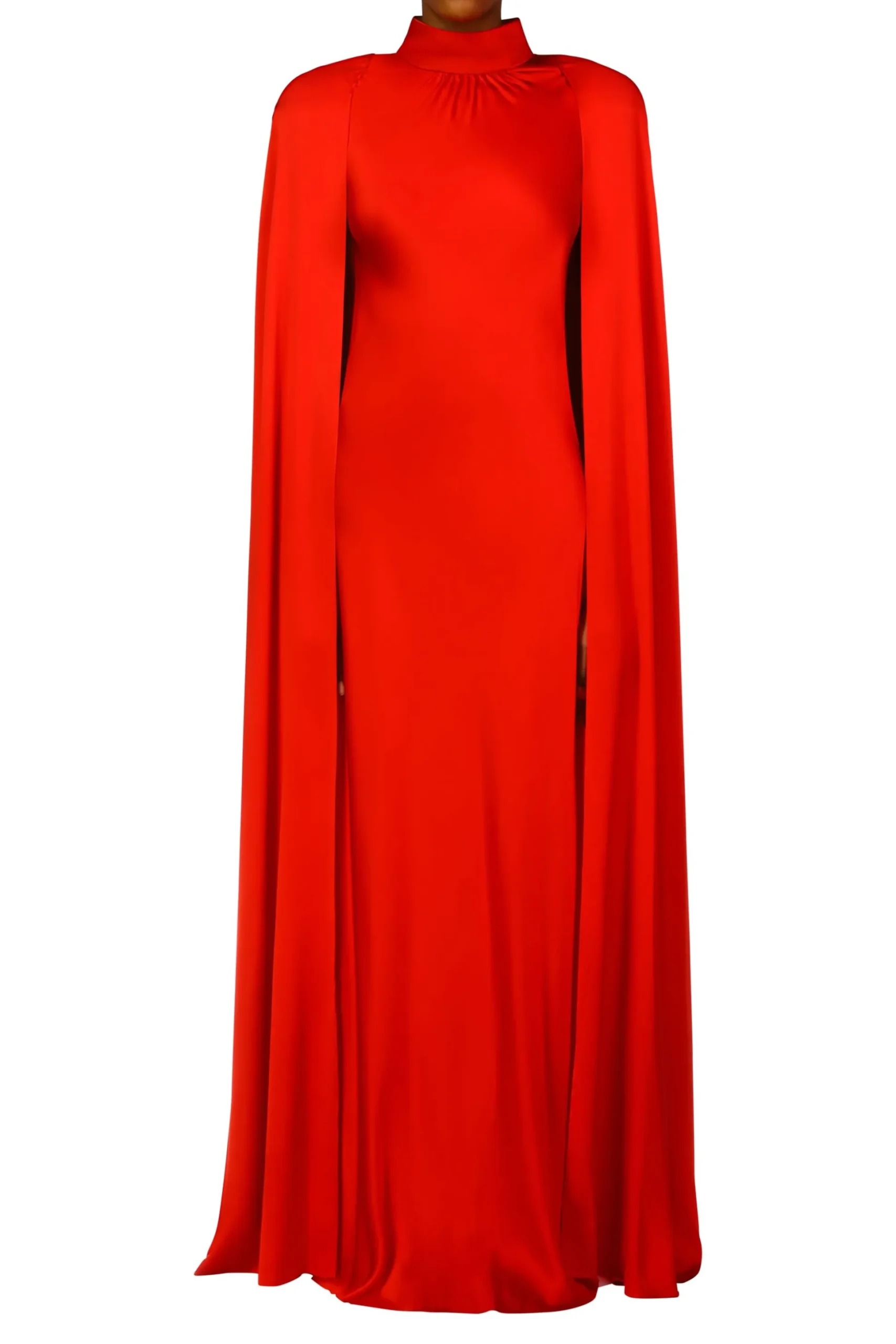 Red Silk Satin Cape Gown With Flower Pin