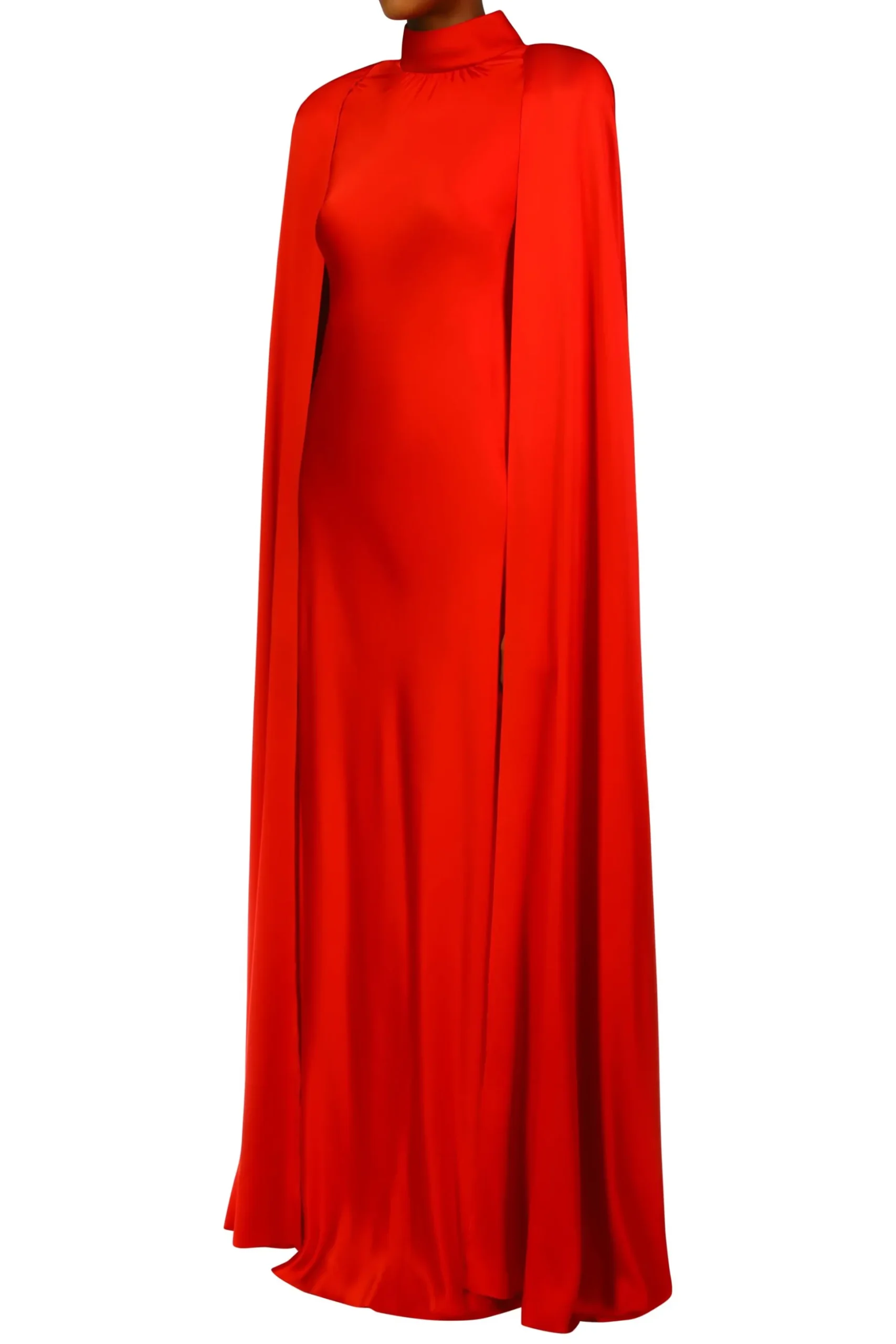 Red Silk Satin Cape Gown With Flower Pin