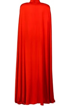 Red Silk Satin Cape Gown With Flower Pin