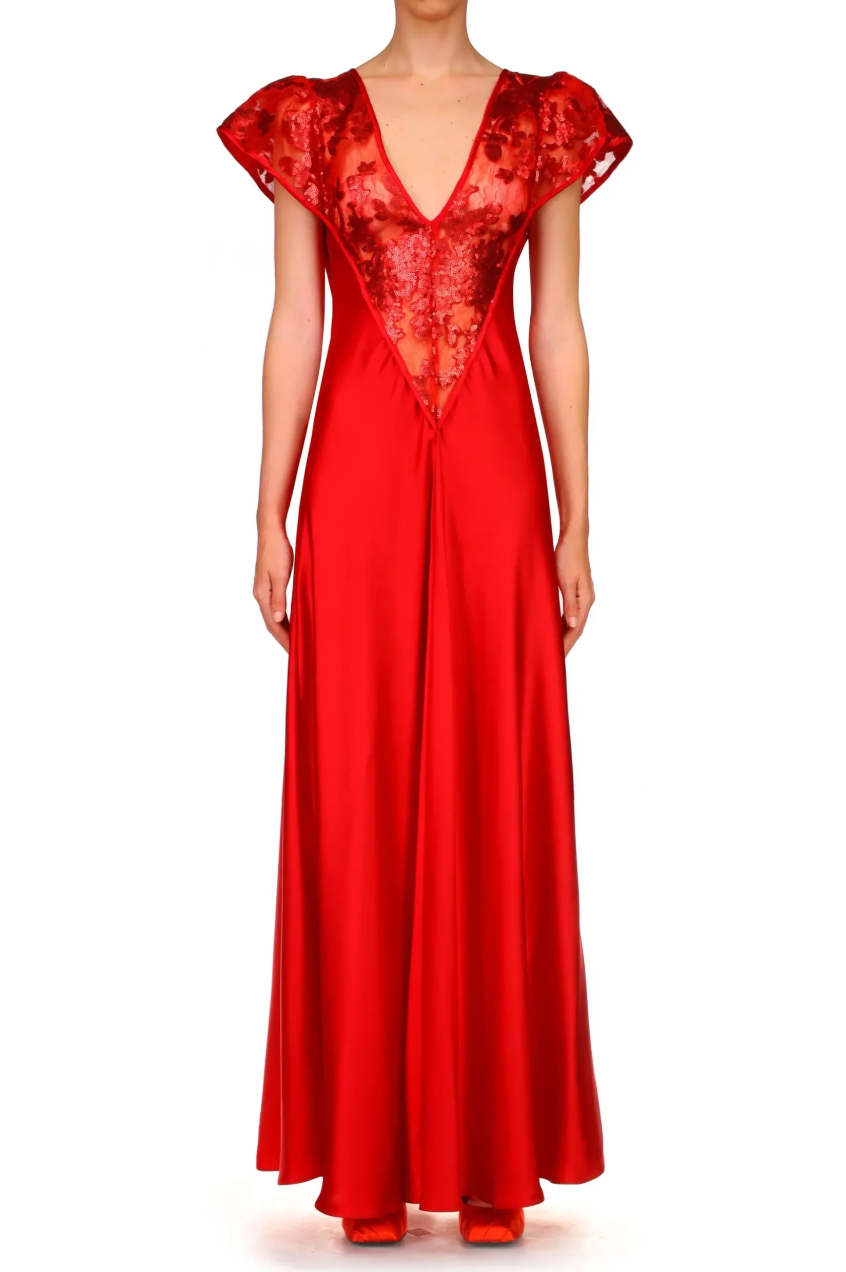 Red Silk Satin Gown With Sequin Detail