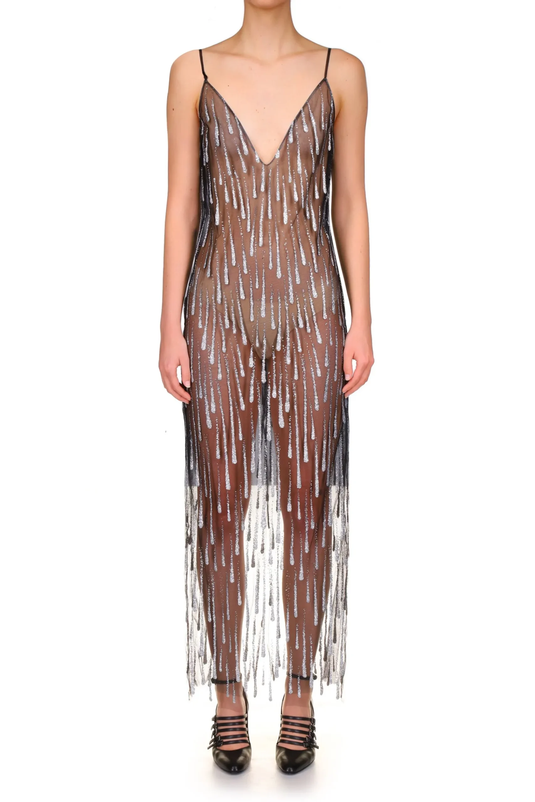 Silver And Black Glitter Tulle Slip Dress