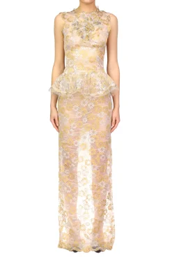 Silver And Gold Daisy Lace Gown With Hand Beaded Details