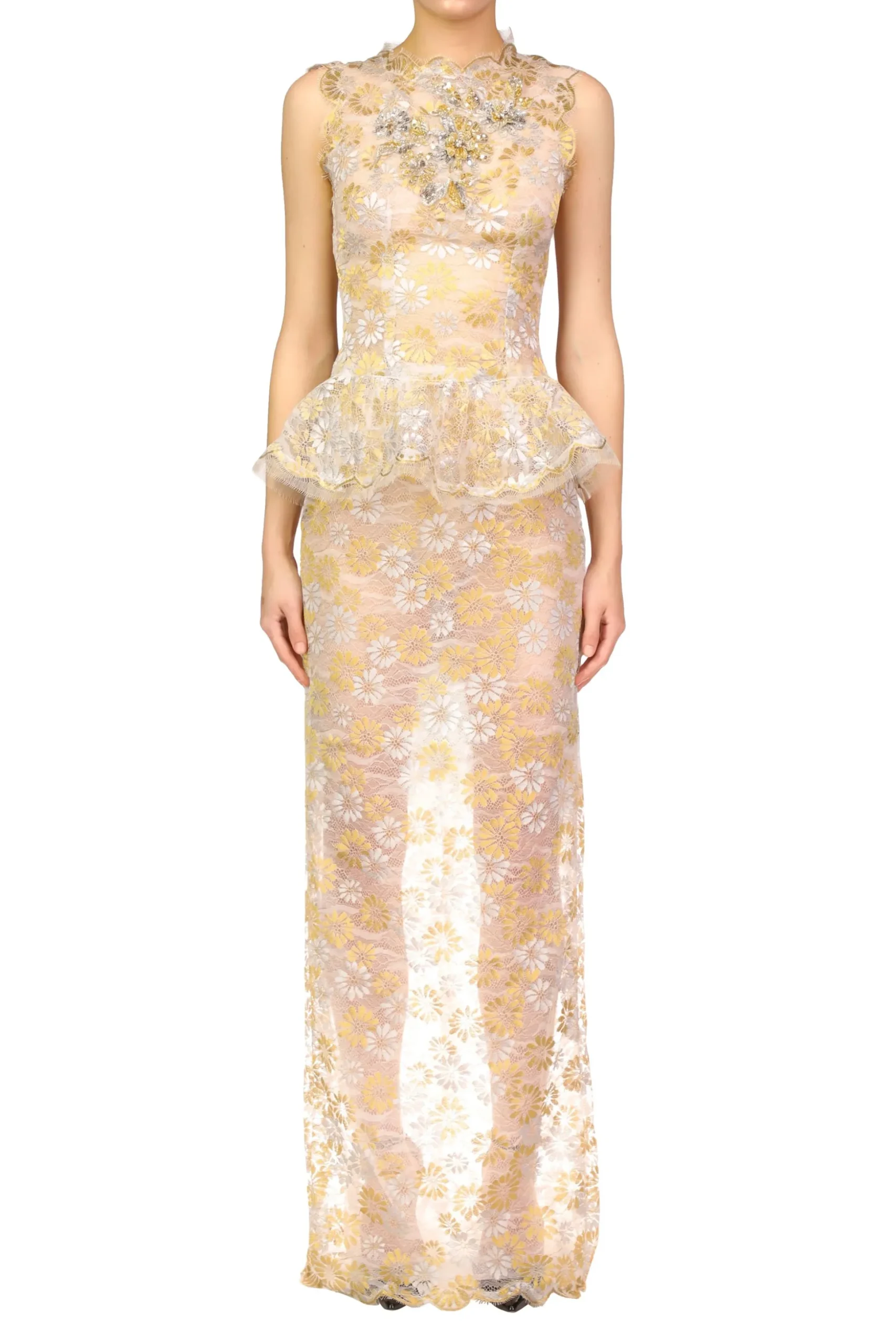 Silver And Gold Daisy Lace Gown With Hand Beaded Details