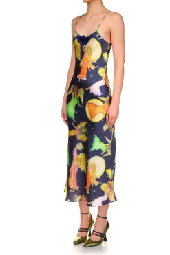 Starry Sky And Fairy Printed Silk Satin Bias Slip Dress