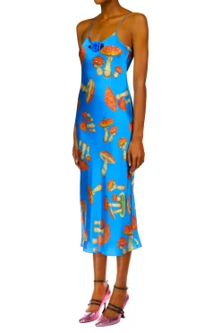 Teal Mushroom Printed Silk Satin Slip Dress