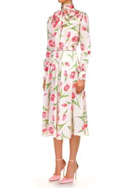 Tulip Printed Silk Dress With Sash Tie Neck