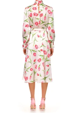 Tulip Printed Silk Dress With Sash Tie Neck