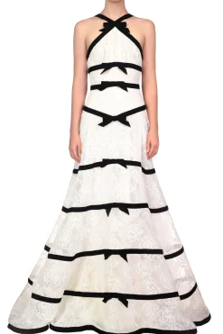 White Chorded Lace Halter Gown With Velvet Ribbon Detail