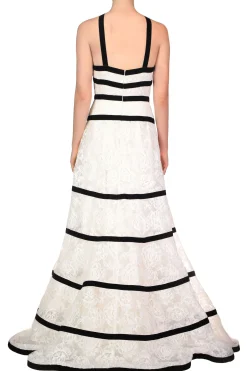 White Chorded Lace Halter Gown With Velvet Ribbon Detail