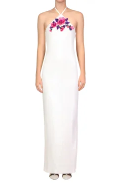 White Sequin Halter Gown With Hand Beaded Floral Detail