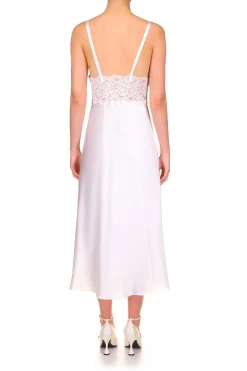 White Silk Satin And Lace Bias Slip Dress With Slit And Rose