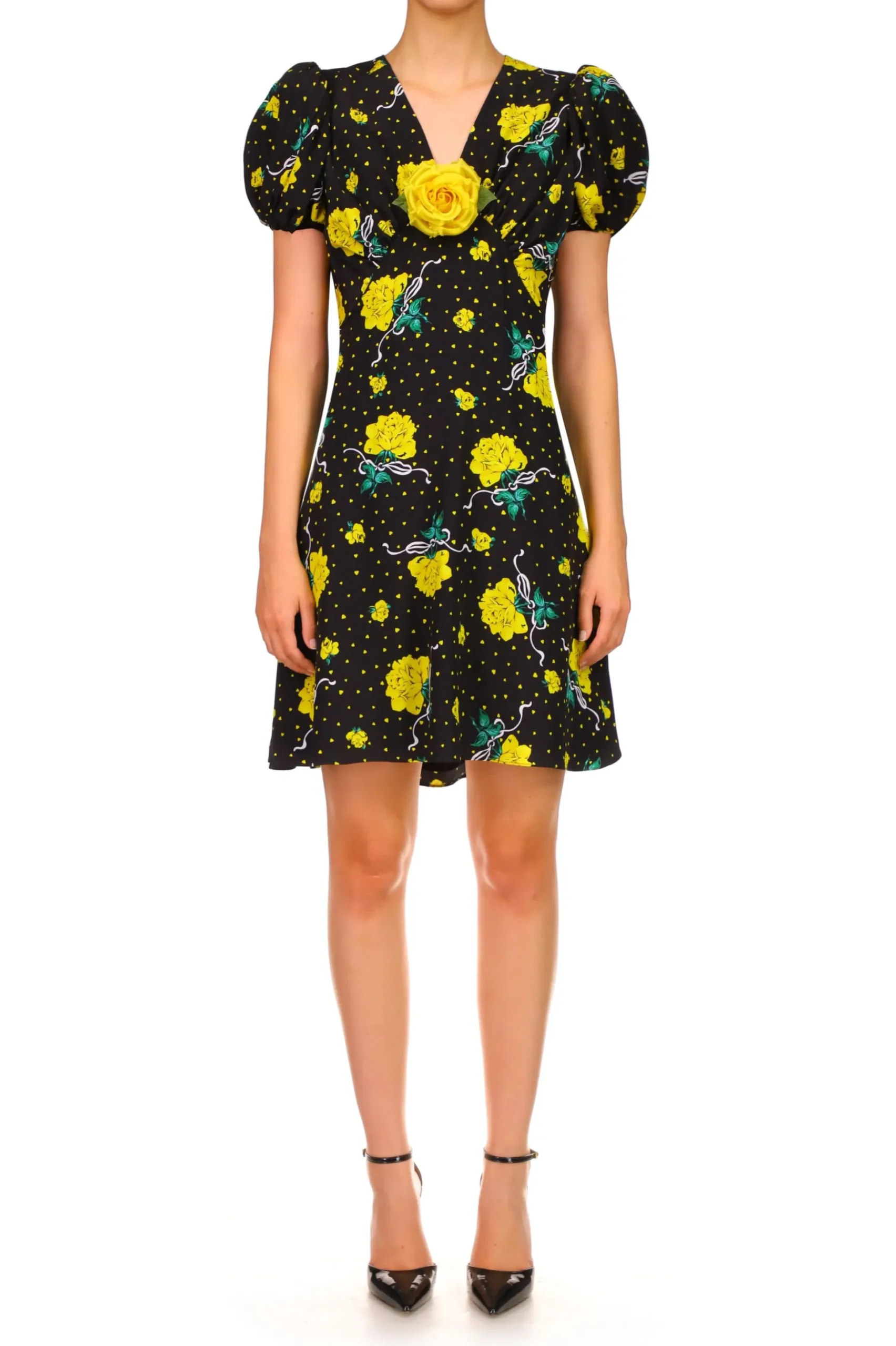 Yellow Rose Printed Silk Short Sleeve Mini Dress With Silk Flower
