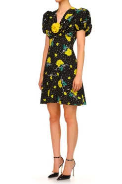 Yellow Rose Printed Silk Short Sleeve Mini Dress With Silk Flower