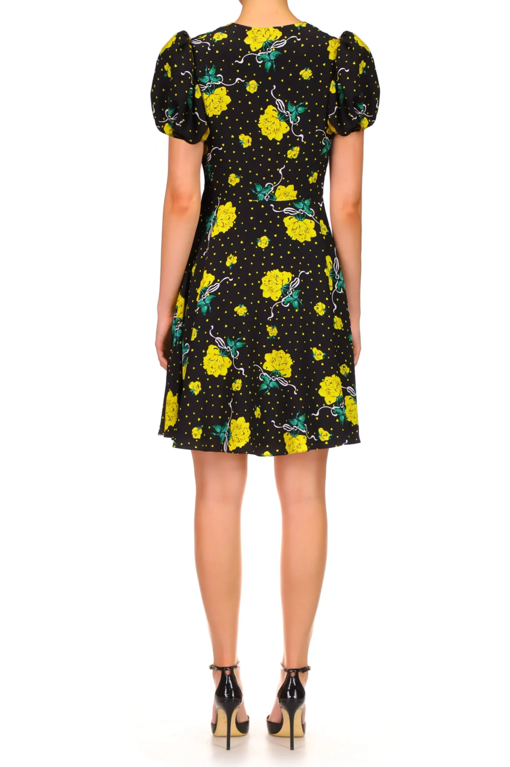 Yellow Rose Printed Silk Short Sleeve Mini Dress With Silk Flower