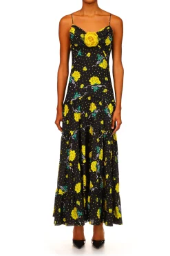 Yellow Rose Printed Silk Tiered Dress With Silk Flower