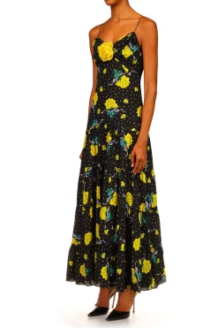 Yellow Rose Printed Silk Tiered Dress With Silk Flower