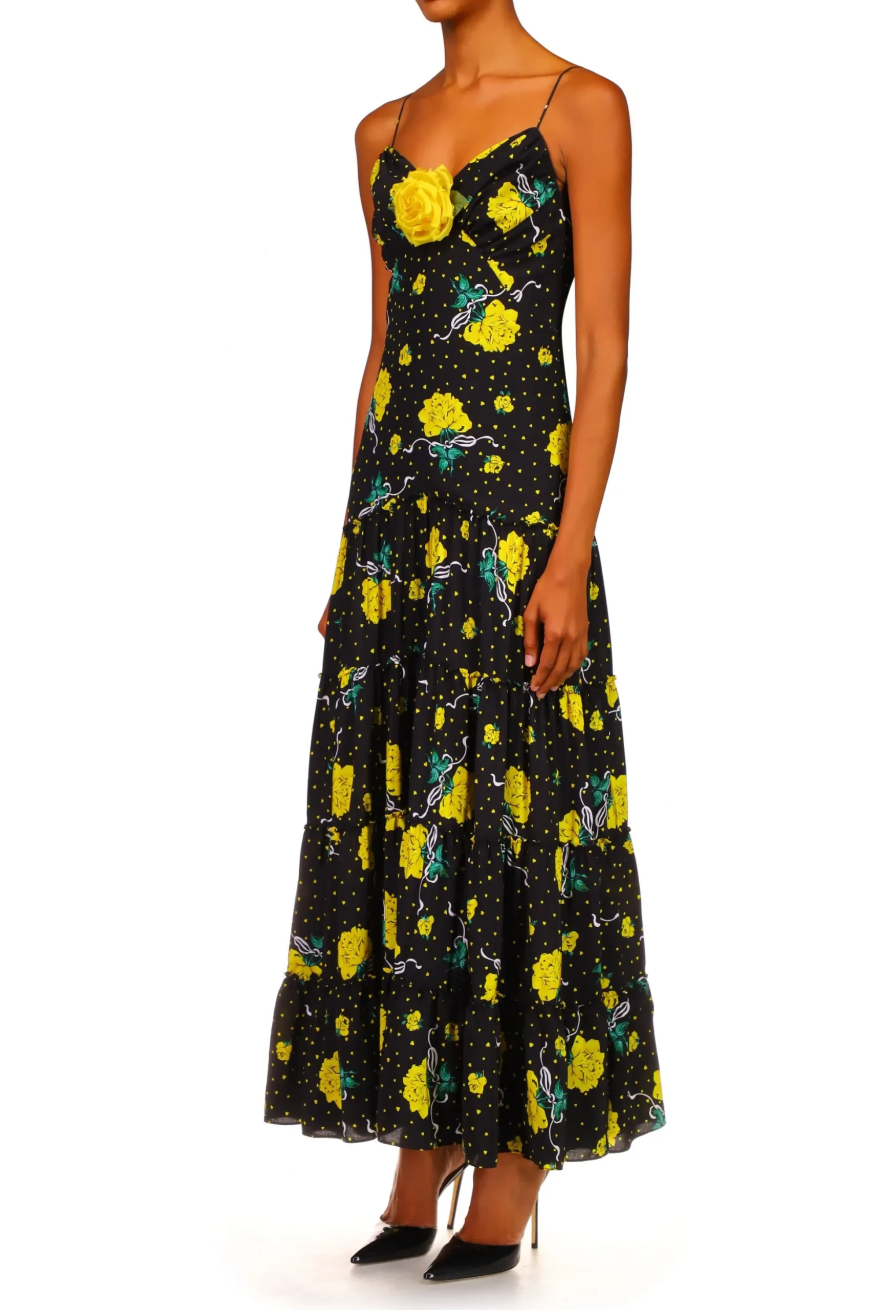 Yellow Rose Printed Silk Tiered Dress With Silk Flower