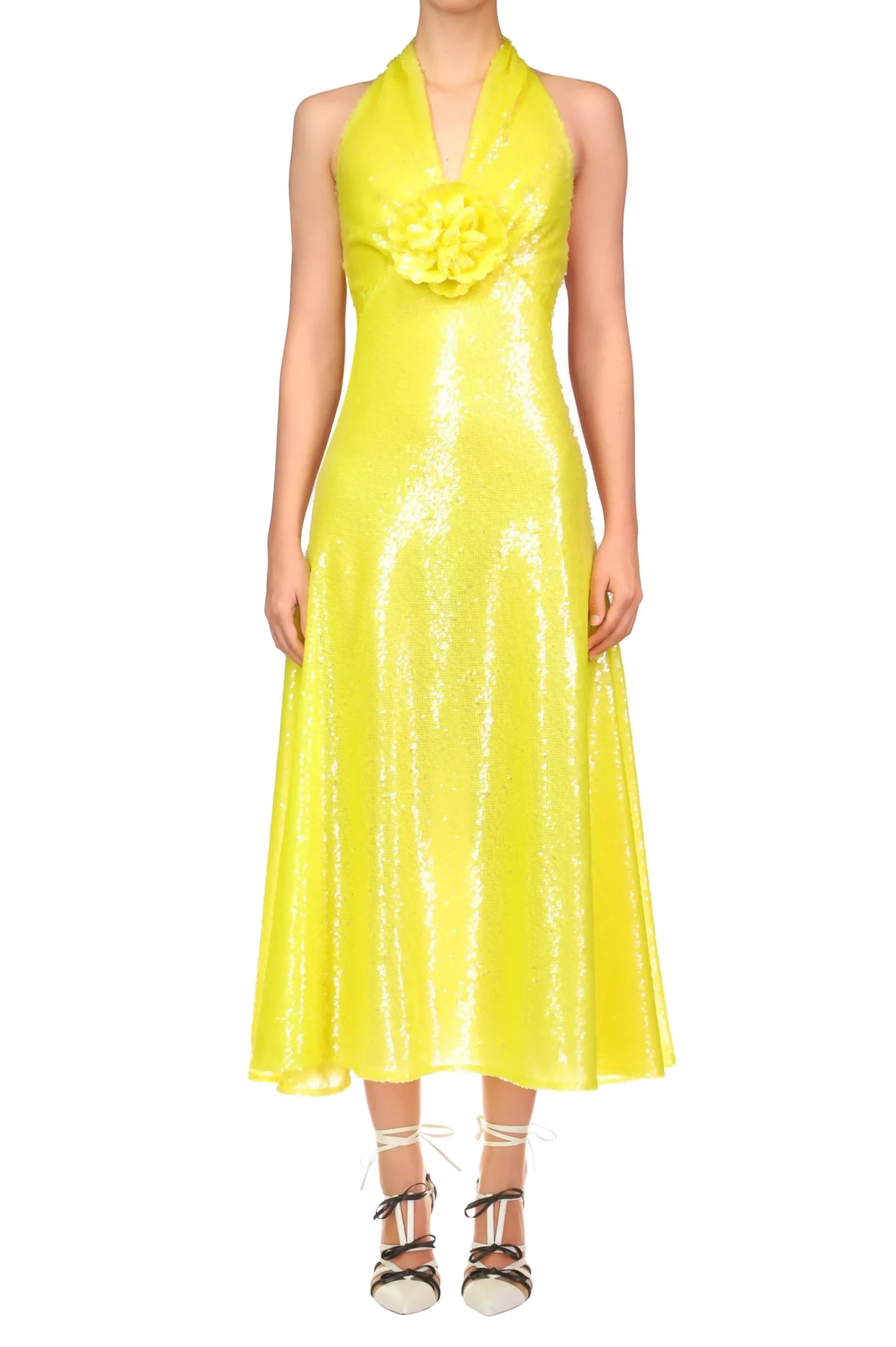 Yellow Sequin Halter Bias Dress With Flower Detail