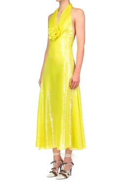 Yellow Sequin Halter Bias Dress With Flower Detail