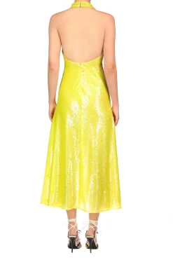 Yellow Sequin Halter Bias Dress With Flower Detail