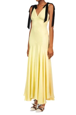 Yellow Silk Crepe Bias Dress With Black Velvet Ribbon Bow Detail